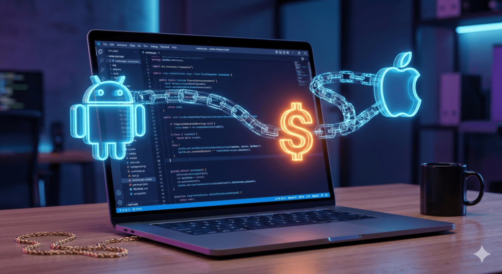 Un ordinateur portable affichant du code de smart contract avec des logos holographiques Android et iOS connectés par une blockchain au symbole Sepolia.