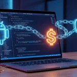 Un ordinateur portable affichant du code de smart contract avec des logos holographiques Android et iOS connectés par une blockchain au symbole Sepolia.