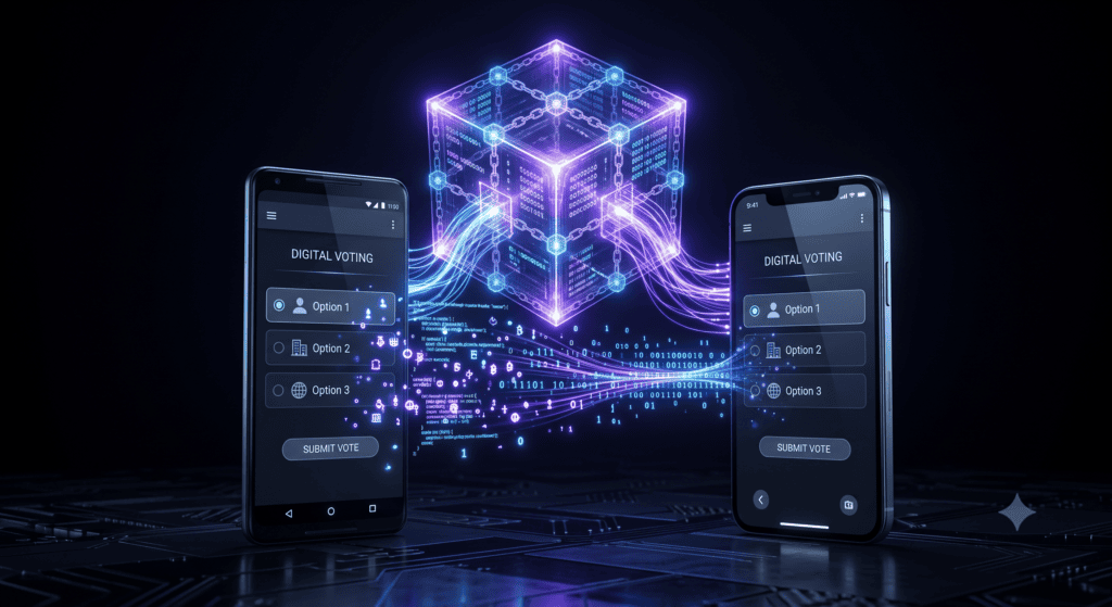 Illustration d'une application de vote blockchain développée en Kotlin Multiplatform : un smartphone Android et un iPhone affichant la même interface de vote, reliés à un cube blockchain Ethereum lumineux