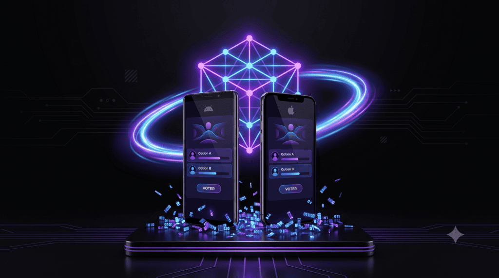 Application de vote blockchain développée en Kotlin Multiplatform affichée sur un smartphone Android et un iPhone côte à côte, devant un réseau blockchain lumineux violet et un anneau de lumière symbolisant la ligne d'arrivée du challenge