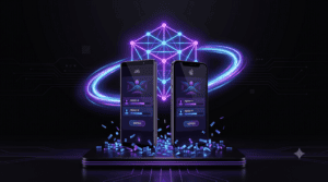 Application de vote blockchain développée en Kotlin Multiplatform affichée sur un smartphone Android et un iPhone côte à côte, devant un réseau blockchain lumineux violet et un anneau de lumière symbolisant la ligne d'arrivée du challenge