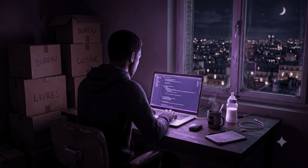 Développeur codant le soir sur son laptop entre des cartons de déménagement et un biberon, illustrant la discipline nécessaire pour mener un side project comme un challenge Kotlin Multiplatform en parallèle de la vie de famille