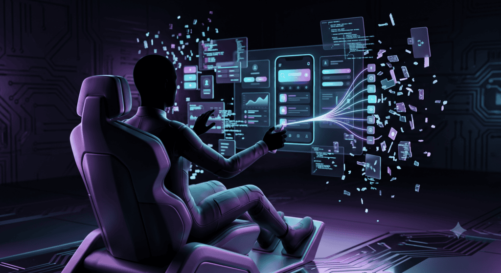 Développeur en position de pilotage dirigeant d'un fil de lumière des fragments de code qui s'assemblent en interface d'application mobile, illustrant l'IA comme multiplicateur d'expertise du développeur expérimenté