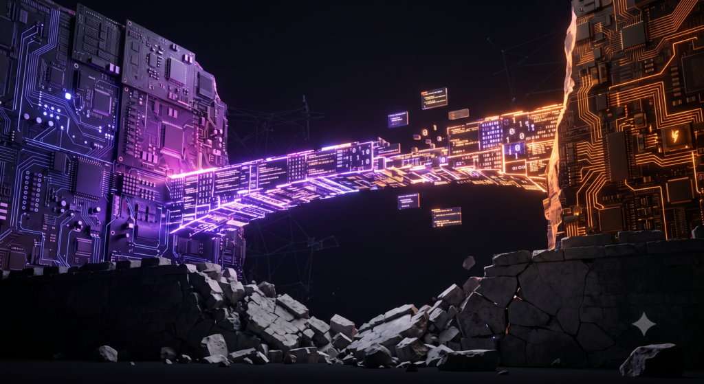Pont de blocs de code lumineux reliant une falaise violette symbolisant Kotlin et une falaise orange symbolisant Swift, avec un mur effondré au premier plan, illustrant les wrappers Objective-C pour appeler du code Swift depuis Kotlin Multiplatform